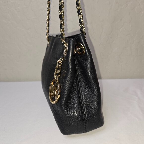 Michael Kors Jet Set Gold Chain Black Pebble Grain Leather Medium Shoulder Bag - Picture 3 of 13